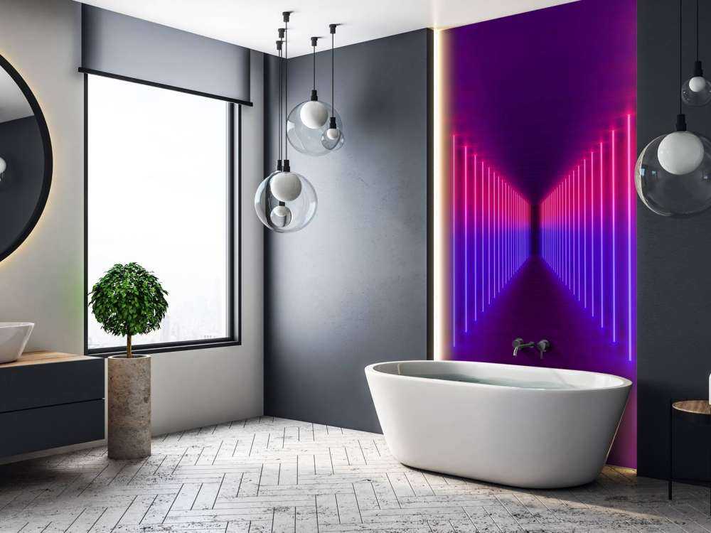 Rood-paarse neon verlichte gang