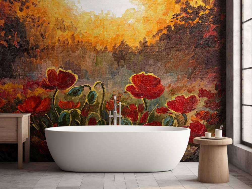 Olieverfschilderij van klaprozen bij zonsondergang