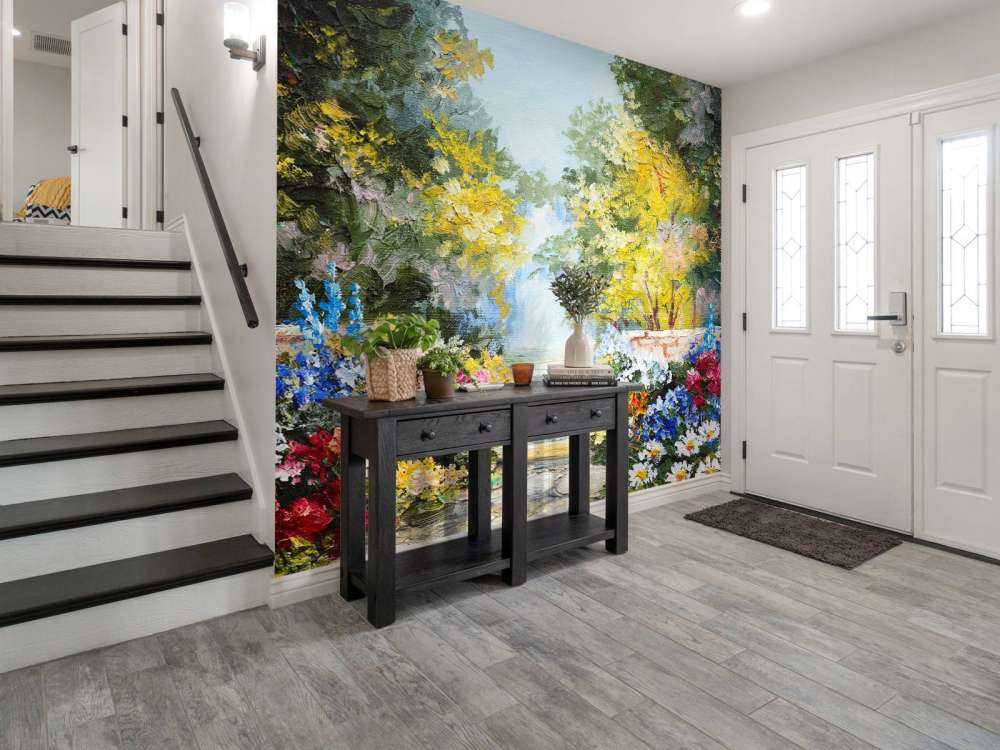 Olieverfschilderij van een parkje met bloemen