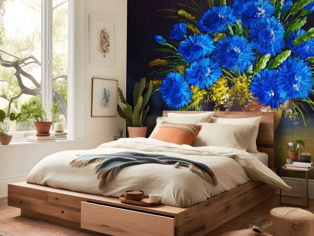 Stilleven van een vaas met blauwe bloemen