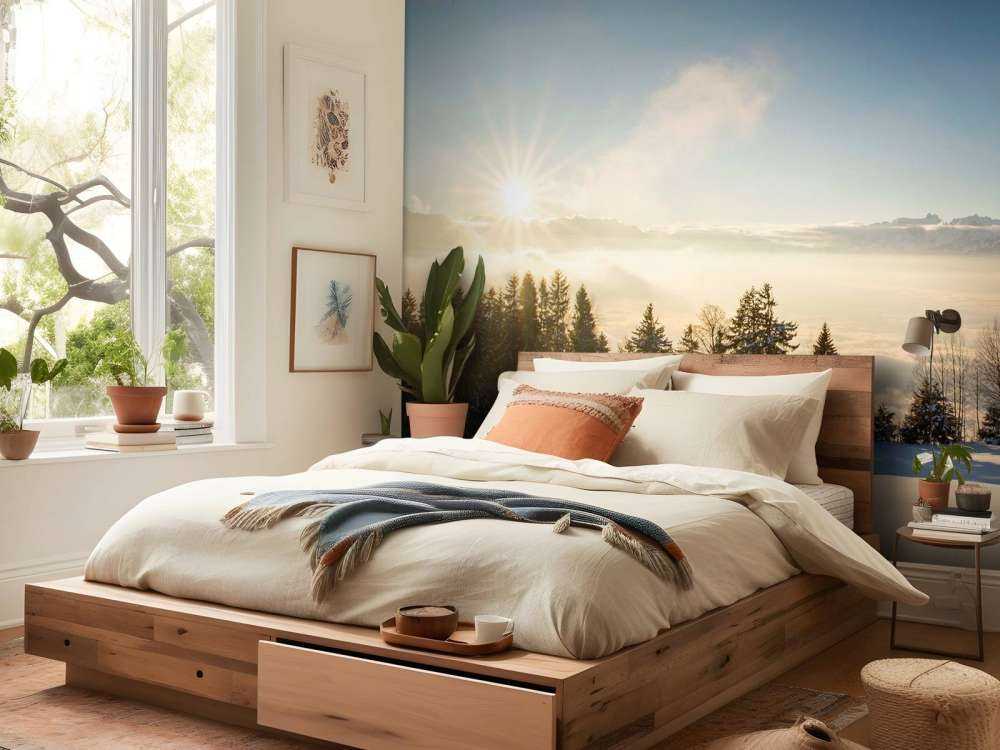 Zonsopkomst boven besneeuwd dennenbos