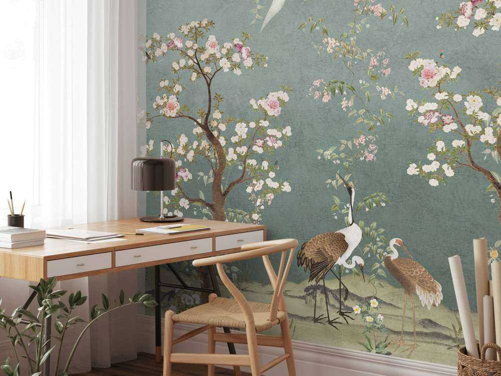 Bloesembomen met kraanvogels in serene tuin