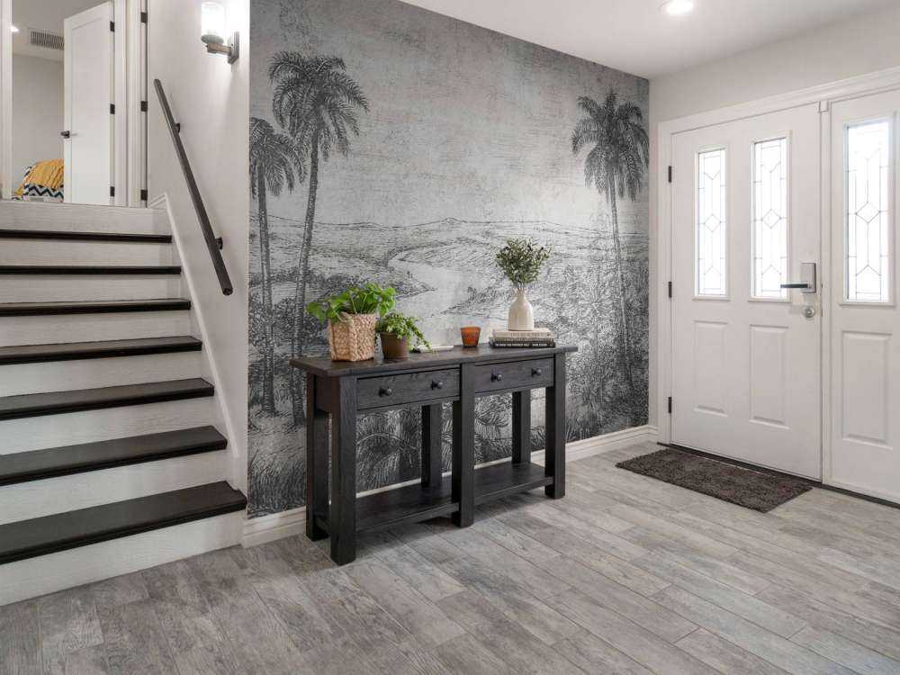 Palmenlandschap in grijze gravurestijl