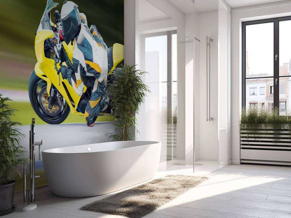 Gele motor maakt een scherpe bocht