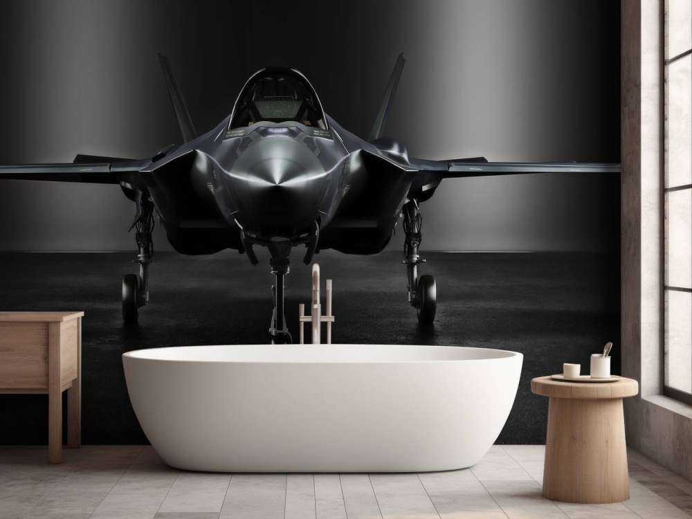 Zwarte F35 in een donkere ruimte