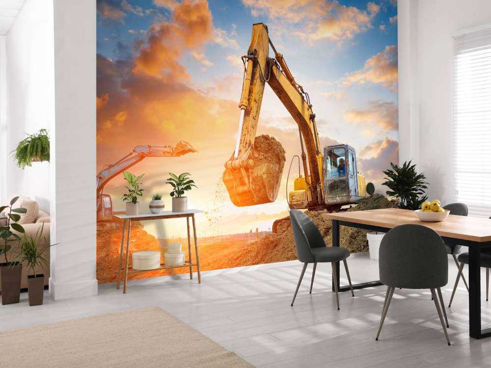 Graafmachines bij zonsondergang