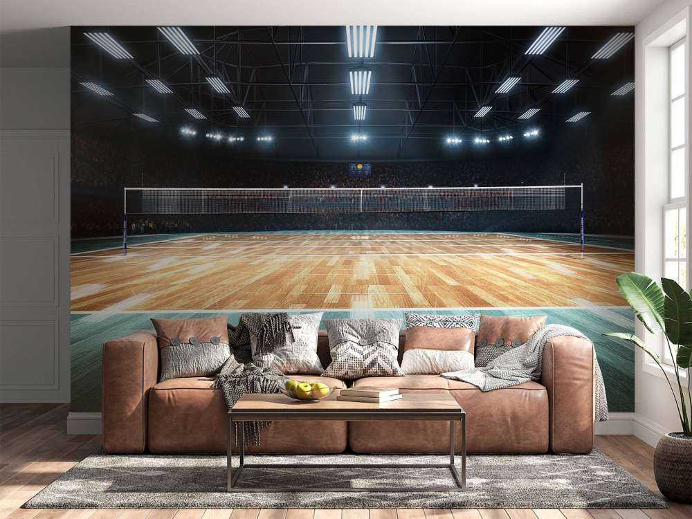 Verlicht volleybalveld met een houten vloer