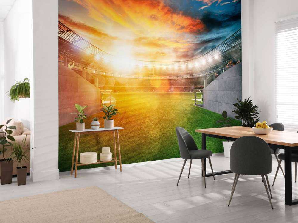 Voetbalstadion ingang bij zonsondergang
