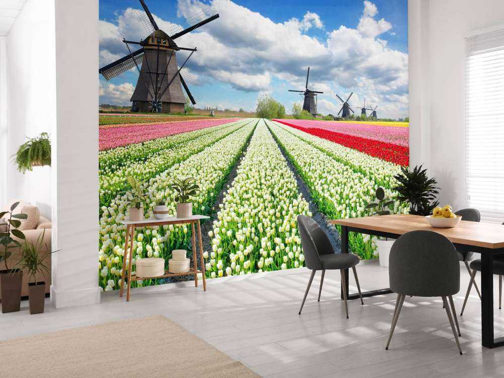 Tulpenveld onder een bewolkte hemel