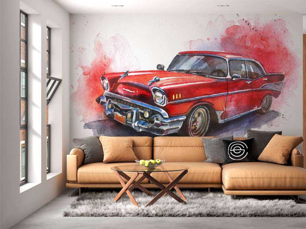 Aquarel van een rode ouderwetse auto