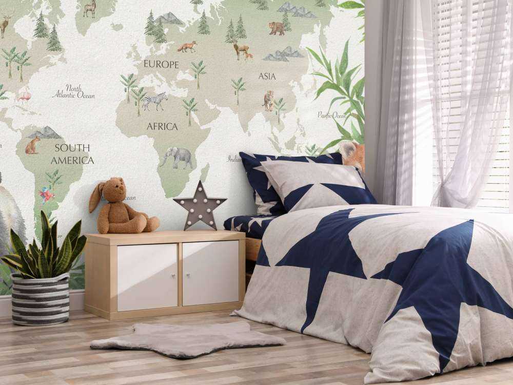 Wereldkaart met bamboe en panda's