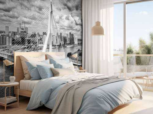 Rotterdam centrum vanaf grote hoogte in zwart wit  