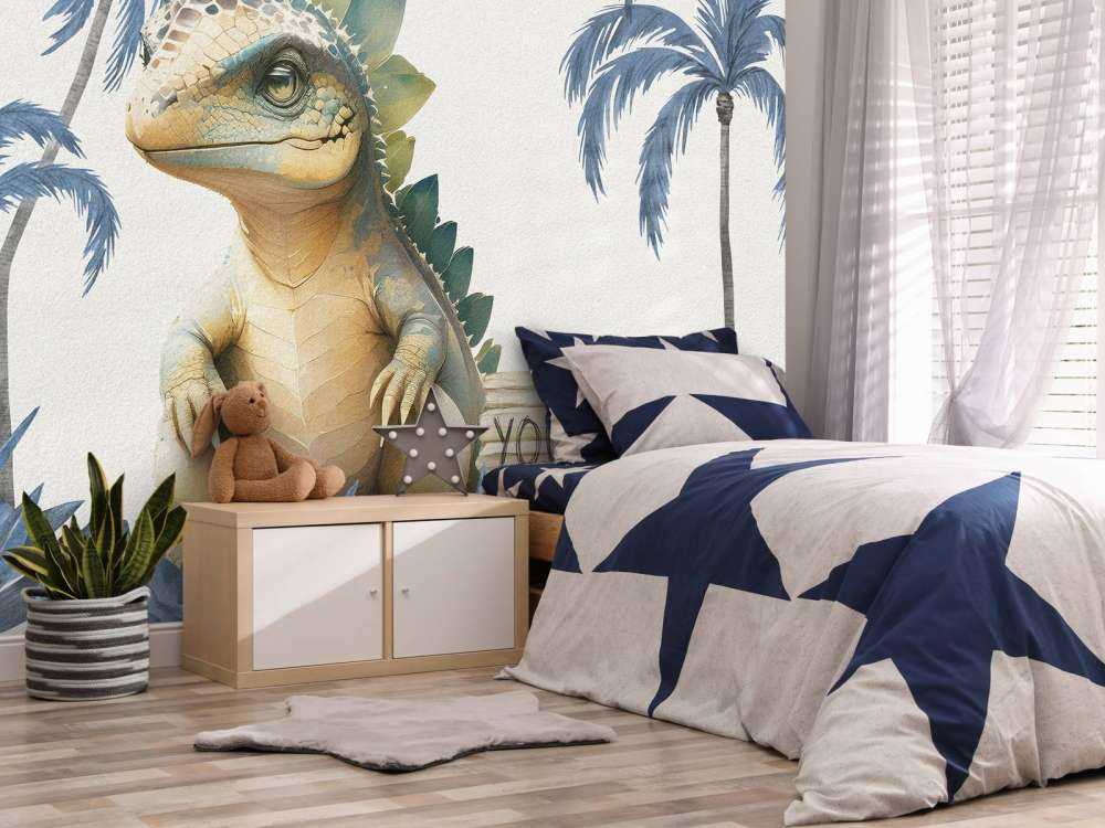 Baby stegosaurus in de jungle blauw