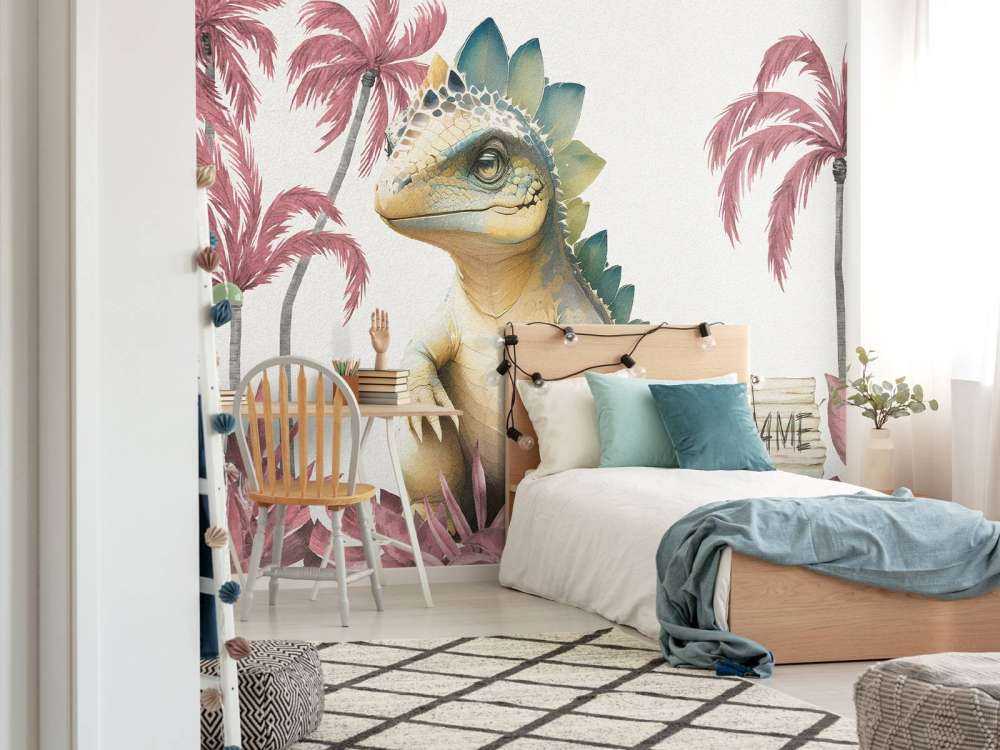 Baby stegosaurus in de jungle roze