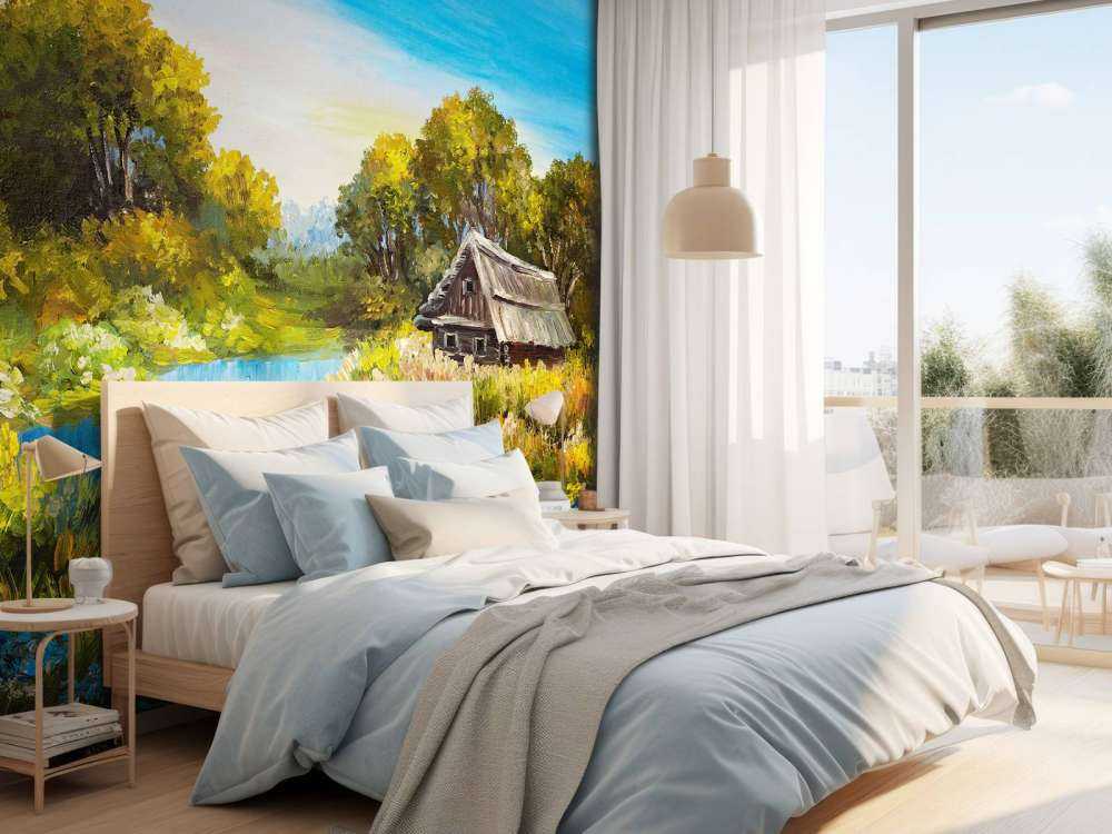 Boerderij aan een rivier schilderij