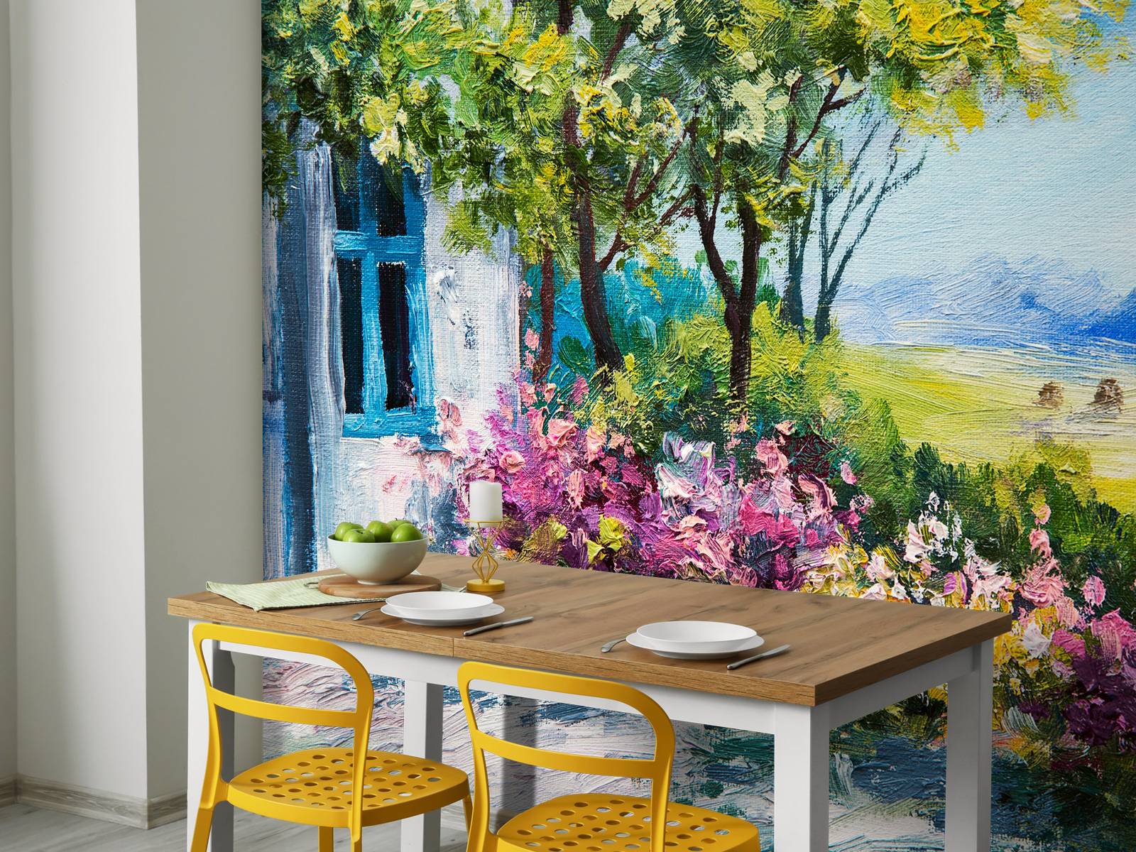Uitzicht vanaf een tuin schilderij
