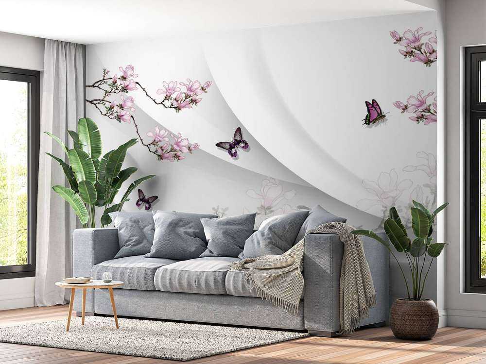 Witte 3D achtergrond met sierlijke bloesem