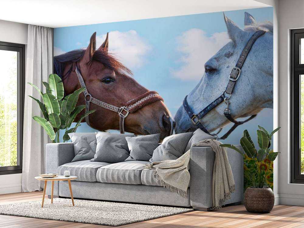 Liefdevolle paarden in een zonnebloemveld