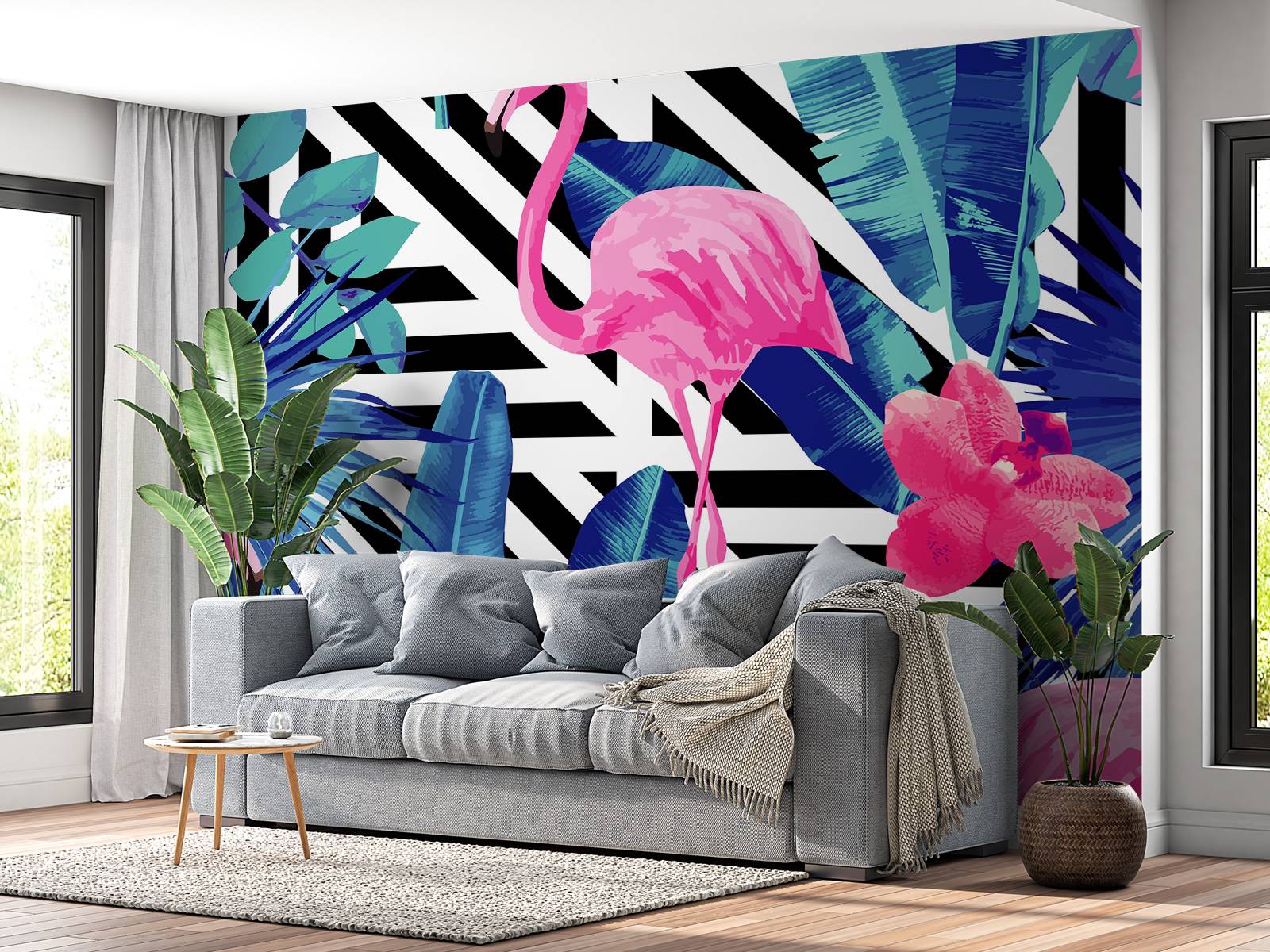 Flamingo print met witte en zwarte strepen