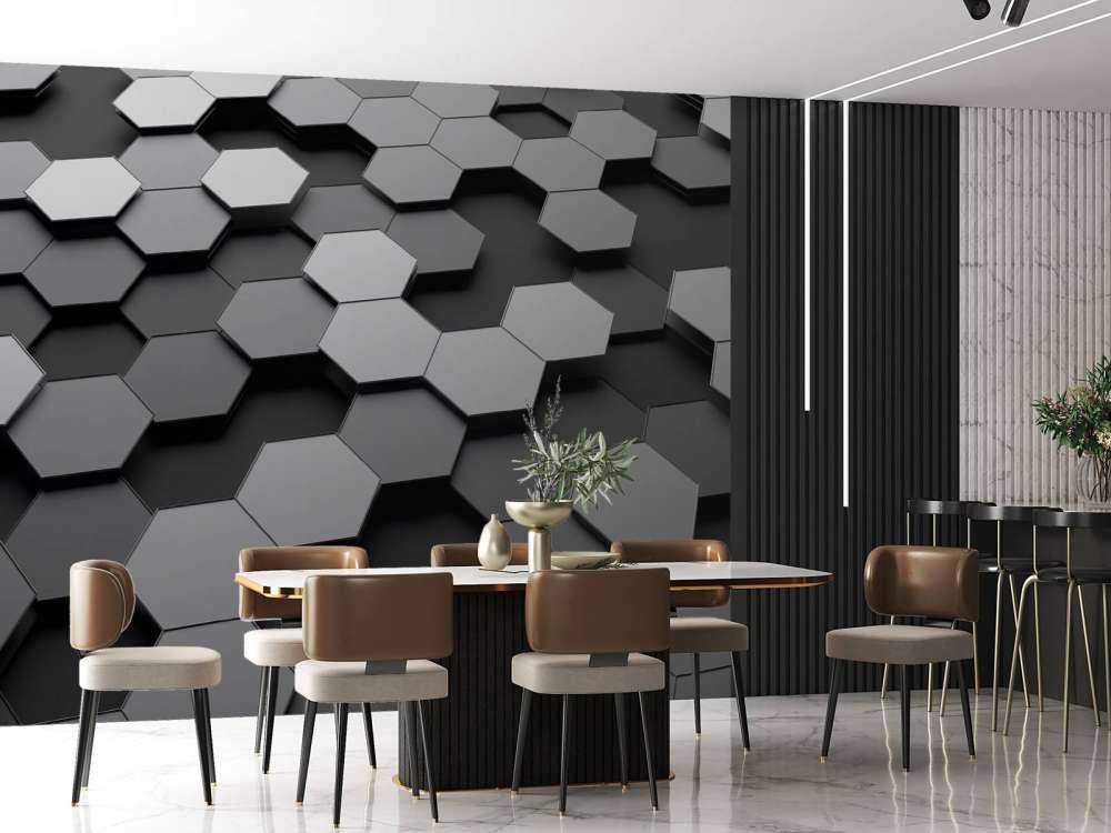 3D weergave van zeshoeken in zwart-wit