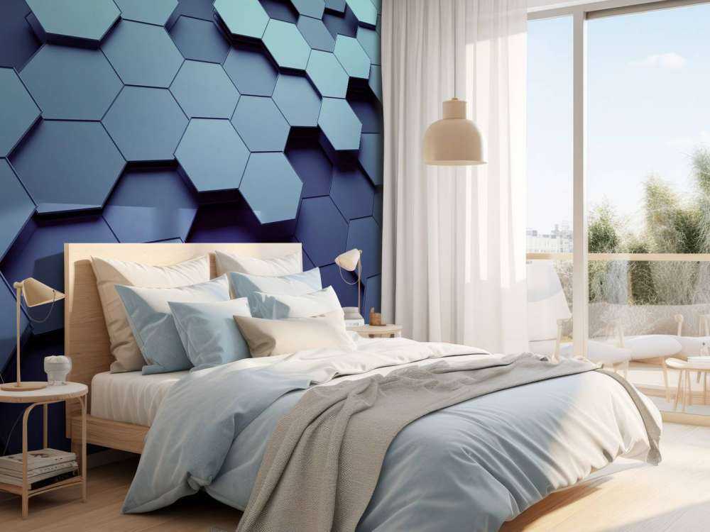 3D weergave van blauwe zeshoeken