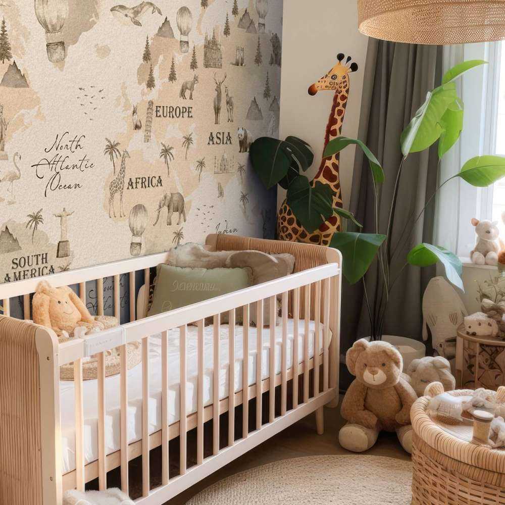 Wereldkaart met verschillende dieren beige