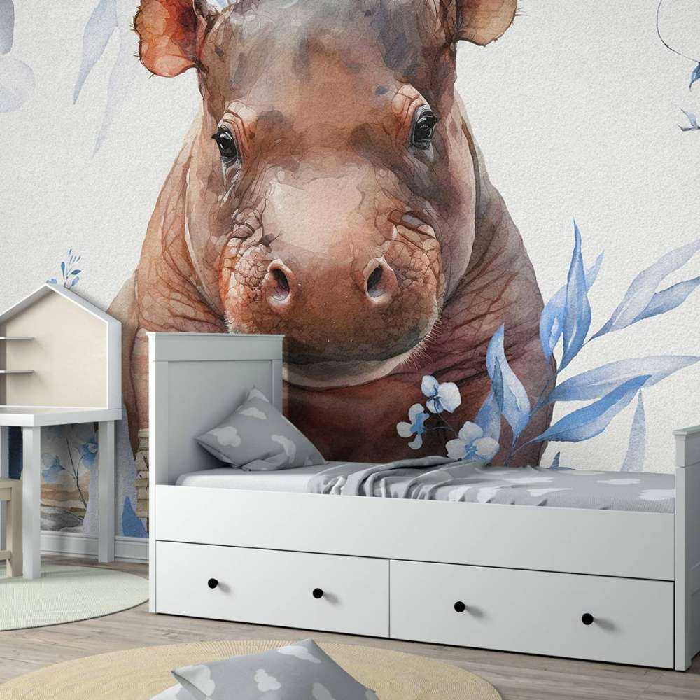 Baby nijlpaard in de bladeren blauw