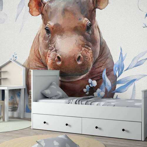 Baby nijlpaard in de bladeren blauw