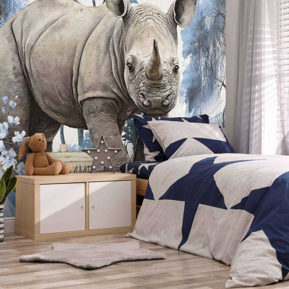 Baby neushoorn op de savanne blauw