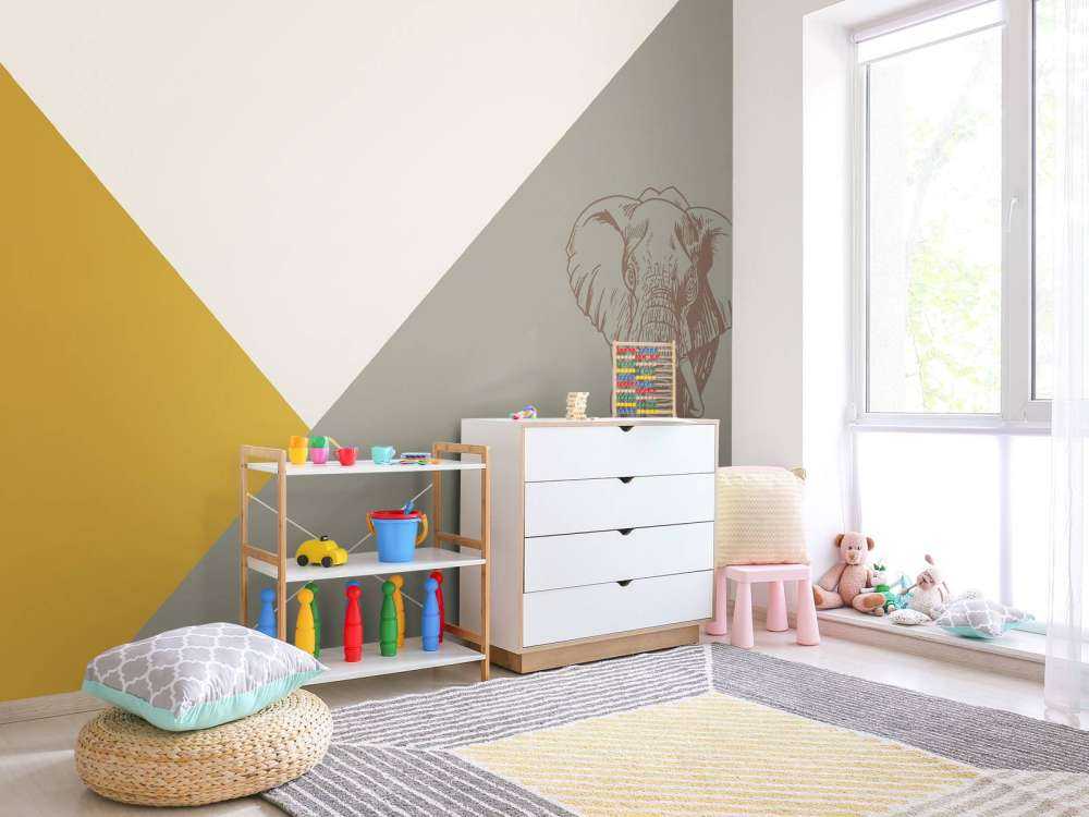 Driehoeken in okergeel en groen met olifant