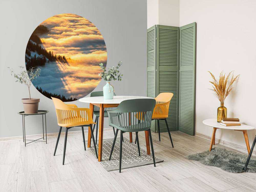 Zonlicht over besneeuwd bergwoud