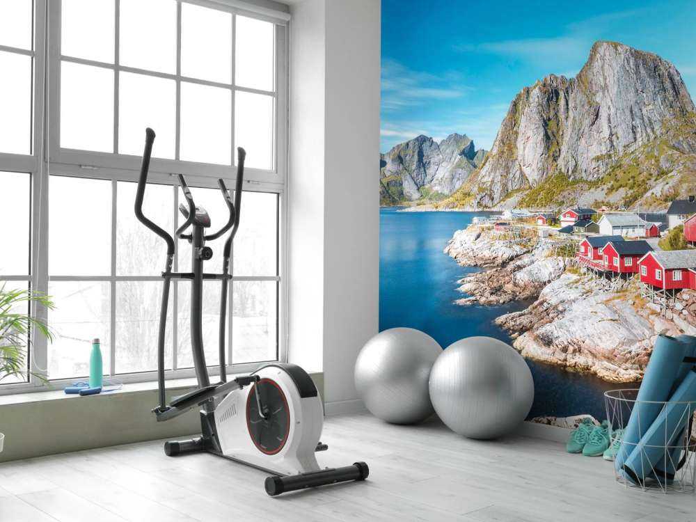 Rode vissershuisjes aan noorse fjord