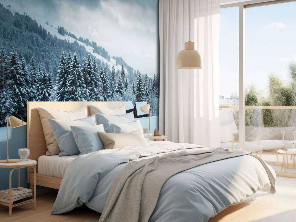 Besneeuwd dennenbos met houten hutten