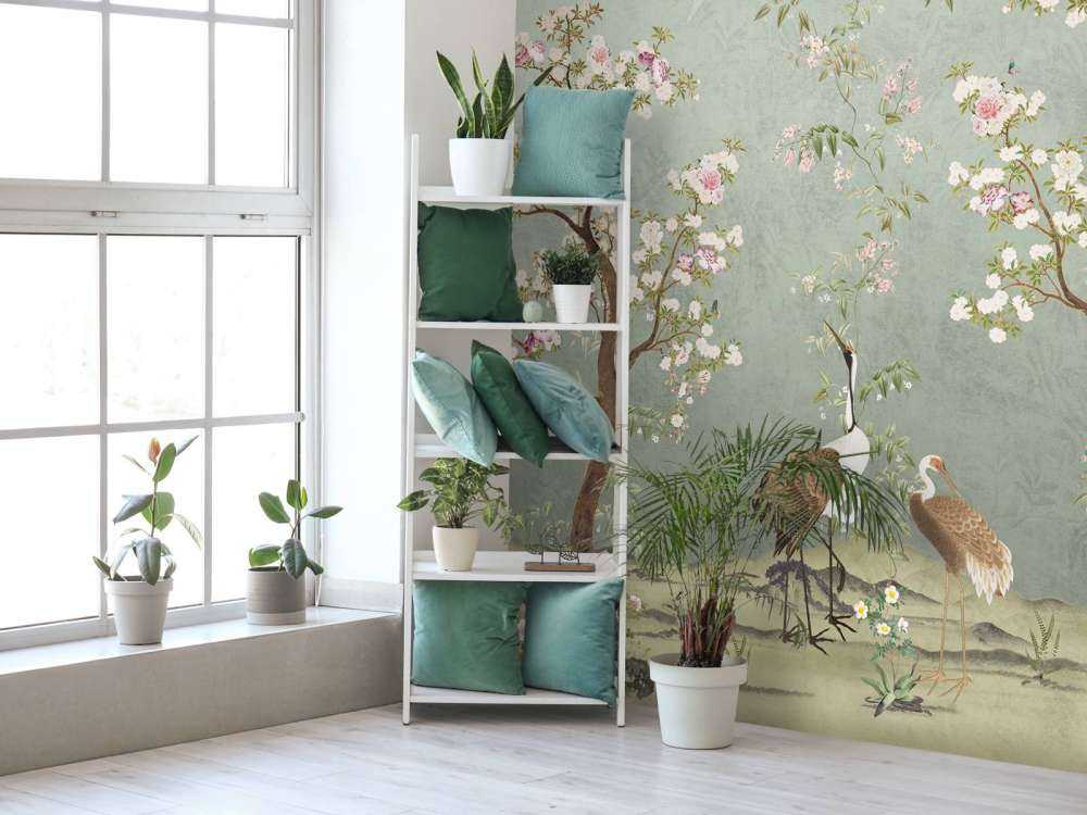 Bloesembomen met kraanvogels op jadegroen