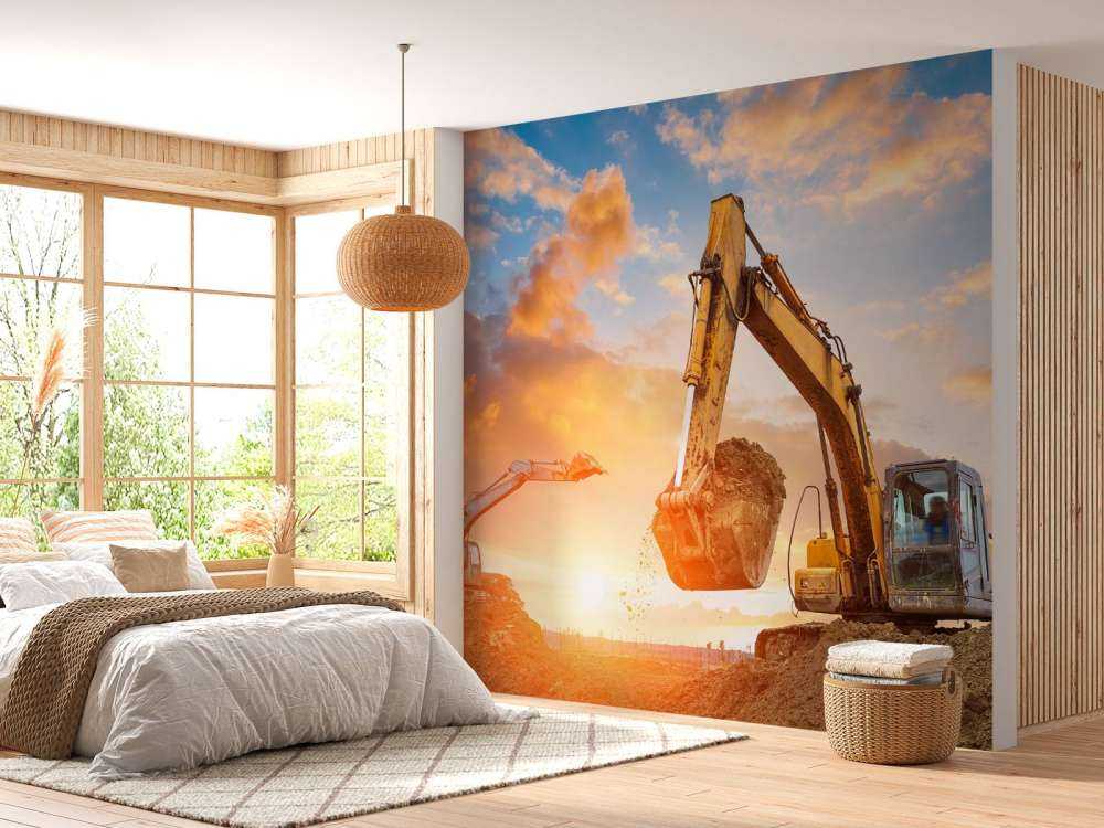 Graafmachines bij zonsondergang