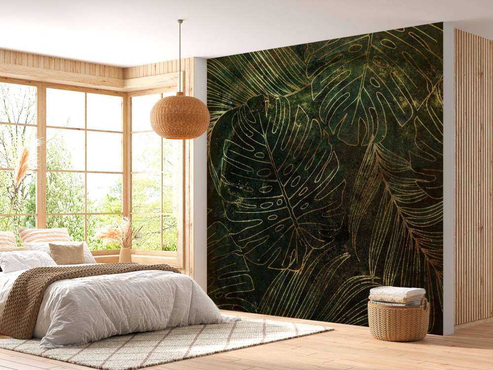 Groene structuur met gouden bladeren