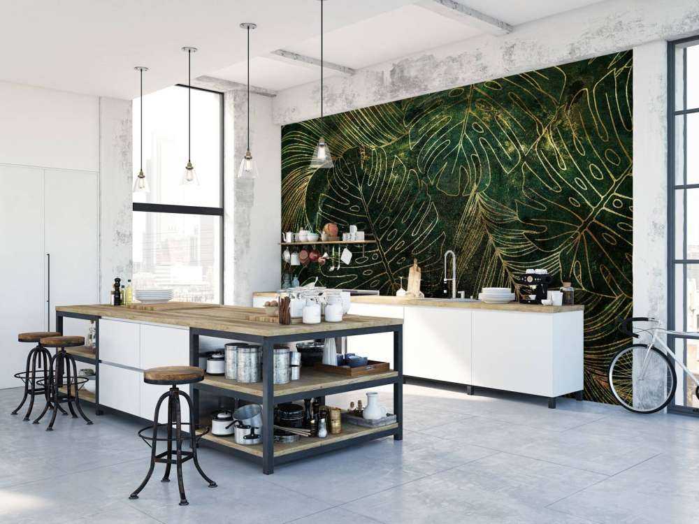 Groene structuur met gouden bladeren