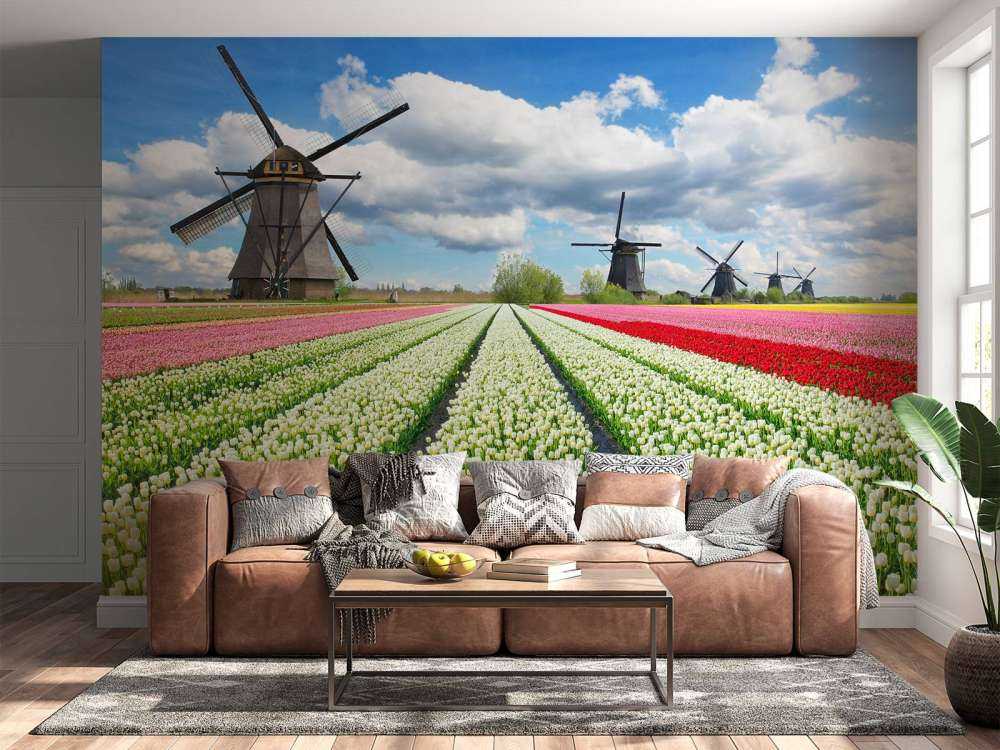 Tulpenveld onder een bewolkte hemel