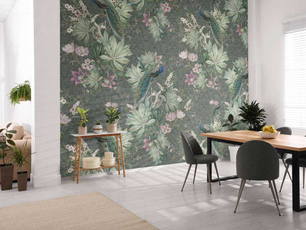 Vintage garden pauwen - donker groen