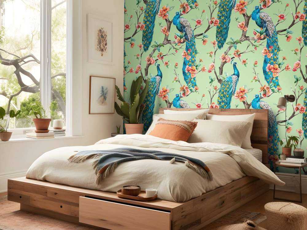 Pauw met tuinbloesem