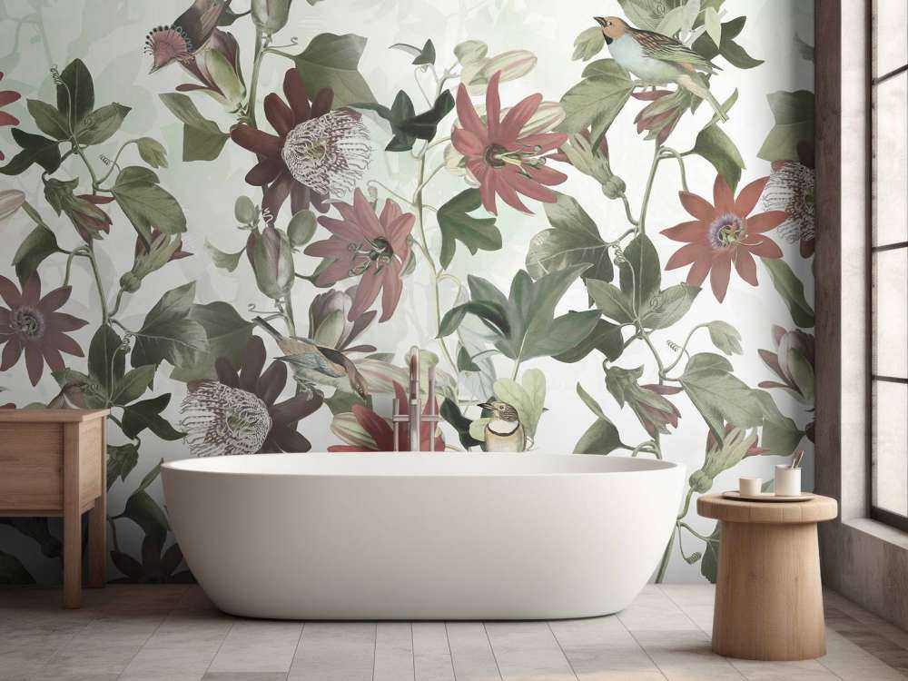 Seven Birds in Enchanted Foliage - Pastel Green