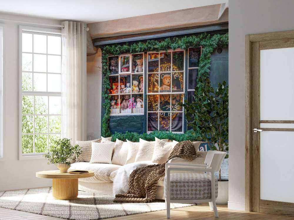 Nostalgische teddybeerwinkel met kerstgroen