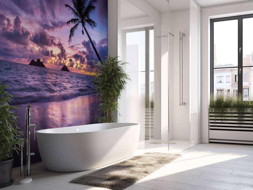 Tropische Kust Bij Paarse Zonsondergang