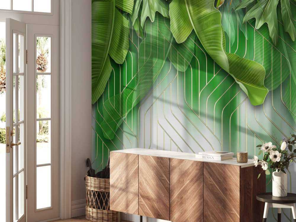 Gouden lijnen effect met groene bladeren