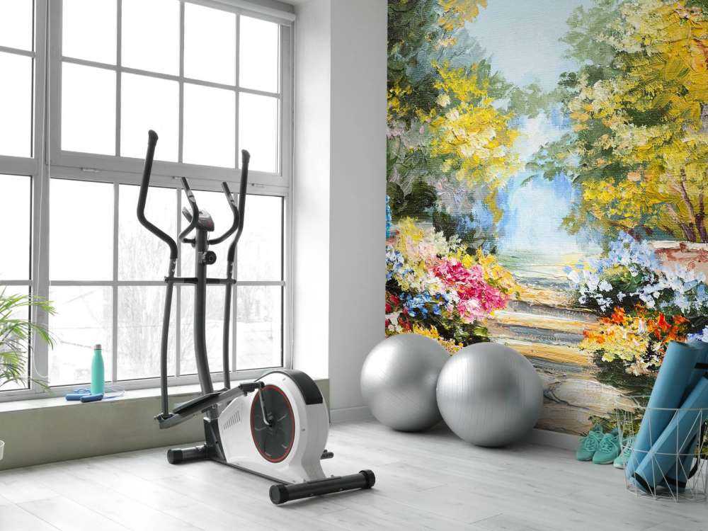 Olieverfschilderij van een parkje met bloemen