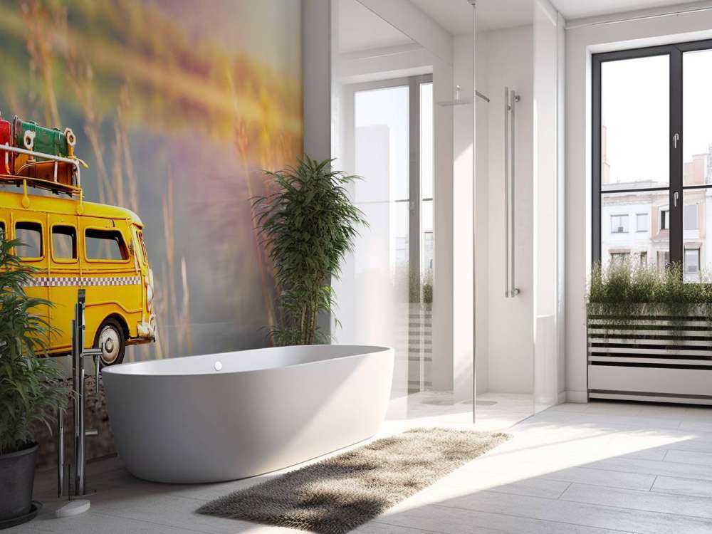 Miniatuur gele bus in de natuur