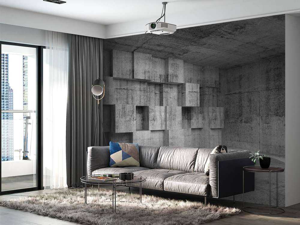 Lege betonnen interieur met decoratie kubussen op de muur
