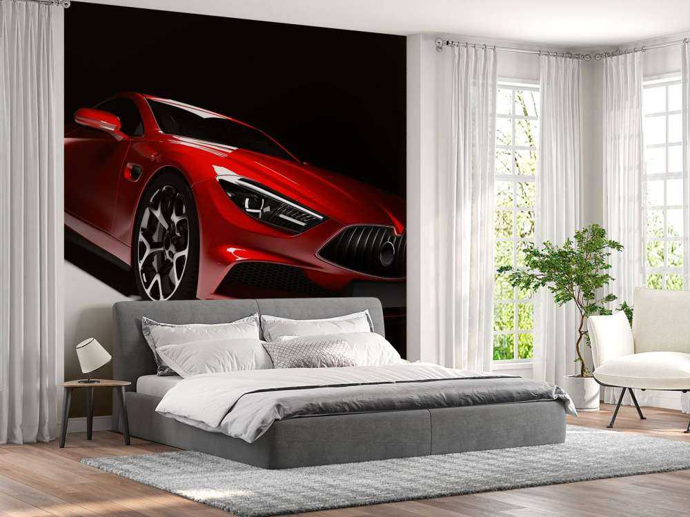 Rode sportauto in een donkere ruimte