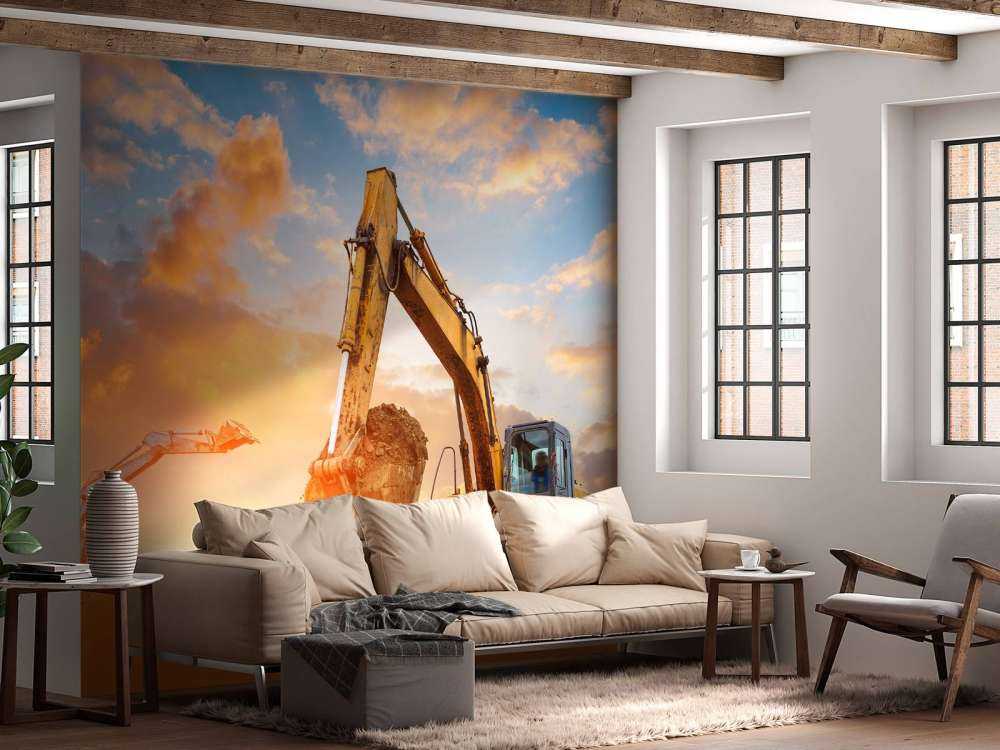 Graafmachines bij zonsondergang