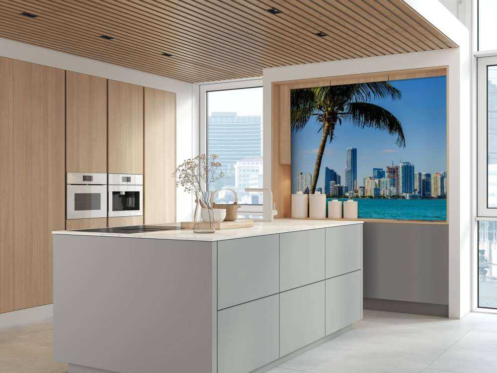 Miami skyline met een palmboom op de voorgrond